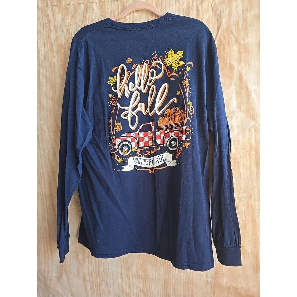 SOUTHERN GIRL Women's HELLO FALL PUMPKIN TRUCK LONG SLEEVE SHIRT LARGE NAVY BLUE - Picture 8 of 10